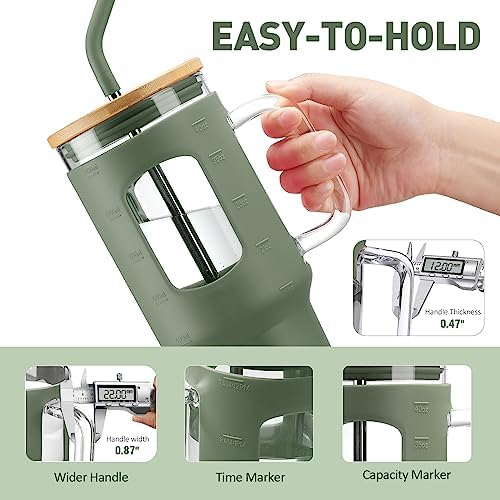 Glass Tumbler with Straw and Lid, 40 oz, Olive