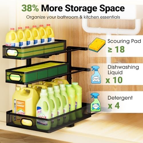 Under Sink Organizer 3 Tier, 2 Pack L-Shaped Pull-Out Cabinet Organizer with Sliding Metal Mesh Drawers, Height Adjustable Under Sink Storage Rack for Kitchen Bathroom Cabinet, Black