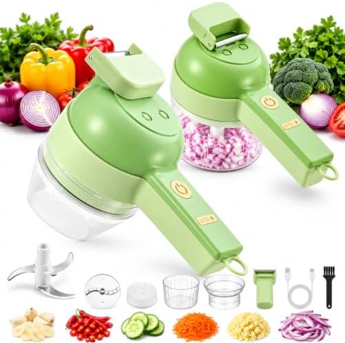 Upgraded Multi Blade Chopper Electric Hand Held, 4-in-1 Wireless Vegetable Chopper with Slicing Grating Peeling, Rechargeable Food Processor for Garlic Onion Meat, 2Pcs by Unknown