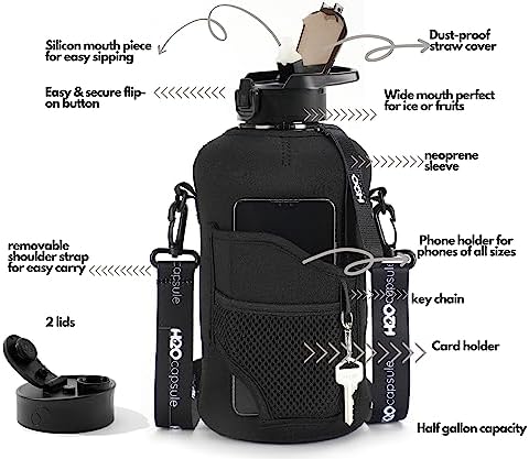 2.2L Half Gallon Water Bottle with Storage Sleeve and Removable Straw – BPA Free Large Reusable Drink Container with Handle - Big Sports Jug, 2.2 Liter (74 Ounce), Jet Black