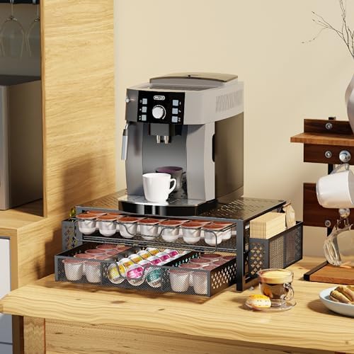Coffee Pod Holder for K Cups, with 2 Tier Slidng Storage Drawer and Coffee Accessories Holder, 63 Large or 80 Small Capsule Organizer, Black