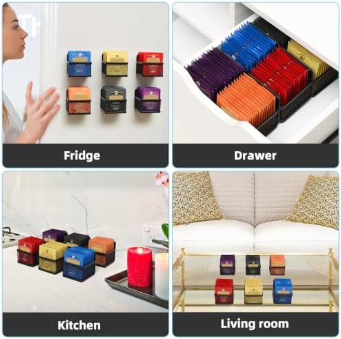 Magnetic Tea Bag Organizer, 6-Piece Metal Tea Organizers and Storage for Refrigerator, Counter, Idea Tea Gift for Tea Lovers (Black)