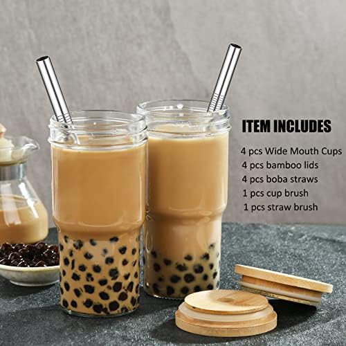 4-Pack Glass Cups with Bamboo Lids and Straws, 22oz Mason Jar Glass Tumbler, Reusable Boba Cups, Iced Coffee Drinking Glasses for Bubble Tea, Smoothies, Juice - 2 Cleaning Brush