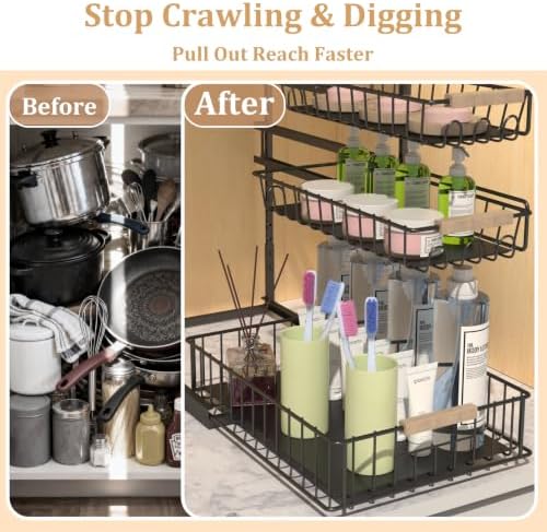 3 Tier Under Sink Organizer, Adjustable Pull Out Metal Storage Drawer