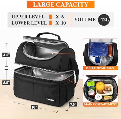Insulated Lunch Bag for Men Women, Double Decker Leakproof, Black