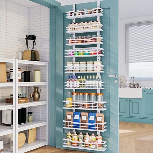 Over The Door Pantry Organizer，9-Tier Over The Door Organizer with Adjustable Basket，Metal Hanging Pantry Organizers and Storage for Kitchen, Back of Door Seasoning Rack
