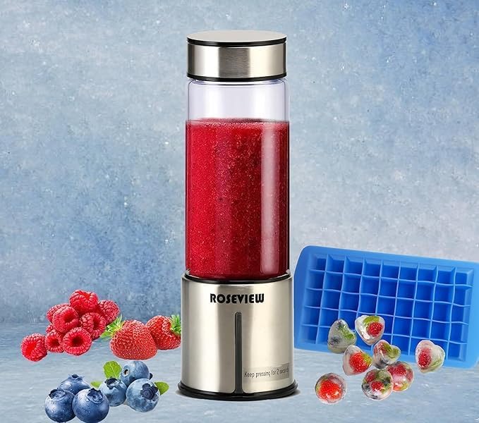 Portable Smoothie blender ROSEVIEW Glass bottle USB rechargeable mini Handheld Ice Shakes Cup 2 speed blend juicer Cordless Personal smoothies maker Fruit mixer (Metallic) by BlendingDrinkingSmoothiesinaGlassBottle