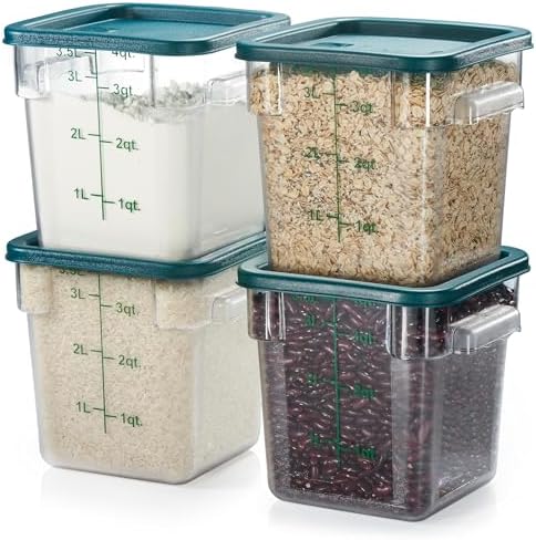 4 Pack Food Storage Container with Green Lid - NSF Commercial Grade in 4.0 Qt - Square, Clear, Polycarbonate