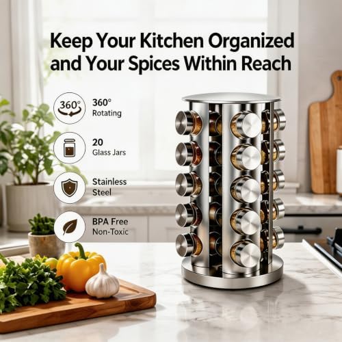 Revolving Spice Rack with 20 Jars,Spice Rack Organizer With labels funnel