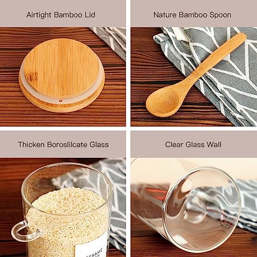 6 Pcs Glass Jar with Bamboo Lid and Spoon - 17 oz Large Sugar Container with 148 Kitchen Pantry Spice Jar Labels Preprinted - Glass Containers with Wooden Lids Hold Coffee, Tea, Candy