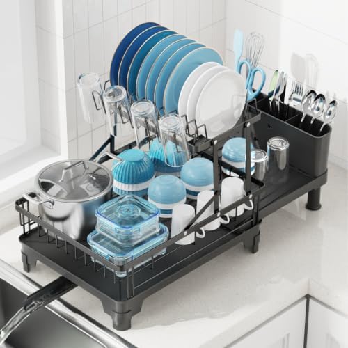 Large Expandable 2 Tier Dish Drying Rack for Kitchen Counter, Black