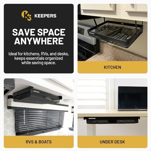 KEEPERS Anything Keeper – Compact 11x10 in Under Cabinet Pull-Down Basket, Hidden Steel Organizer for K-Cups, Spices & Small Items, Magnetic Close, Kitchen RV Desk – Black
