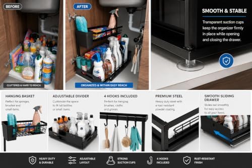 2-Tier Under Sink Organizer, Pull-Out Sliding Drawer, Heavy Duty Metal Storage Rack with Hooks, Hanging Basket & Adjustable Divider for Kitchen and Bathroom
