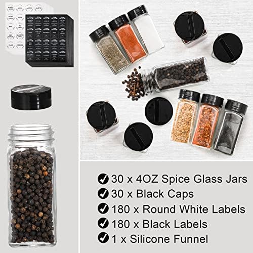 30 Pack Glass Spice Jars Square Glass Bottles with Black Caps, 4oz Empty Spice Containers Shakers Complete Organizer Set Includes Wide Funnel and Labels