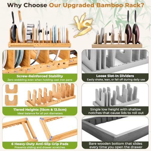 Bamboo Pots and Pans Organizer for Under Cabinet & Drawer