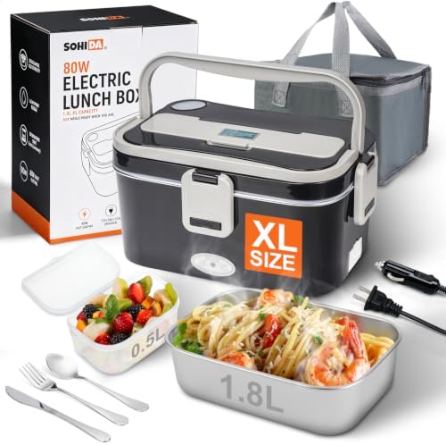1.8L+0.5L Heated Lunch Box for Men, 80W Electric Lunch Box with Long-handled Utensils for Adults, 12V/24V/110V Lonchera Eléctrica Portátil, Portable Food Warmer for Car/Truck/Office (B/G)