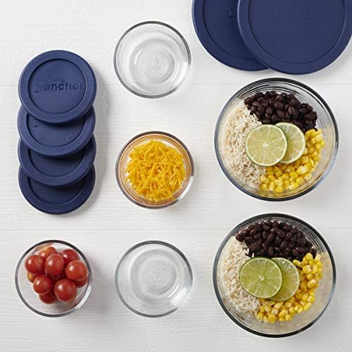 12 Piece Glass Storage Containers with Lids (6 Glass Food Storage Containers & 6 Navy Blue SnugFit Lids)