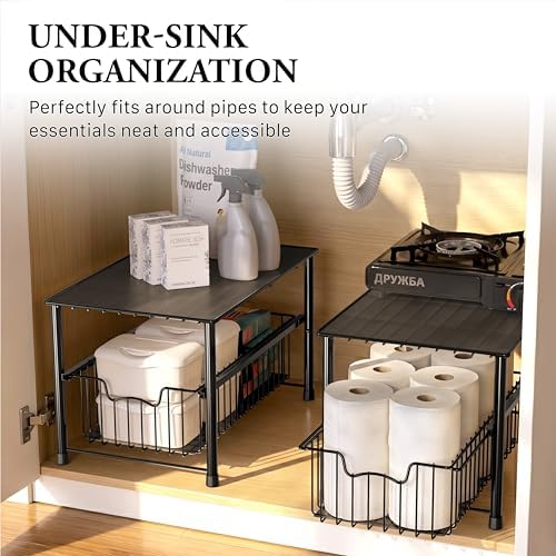 Wired Stackable Under Sink Cabinet Sliding Basket, Black