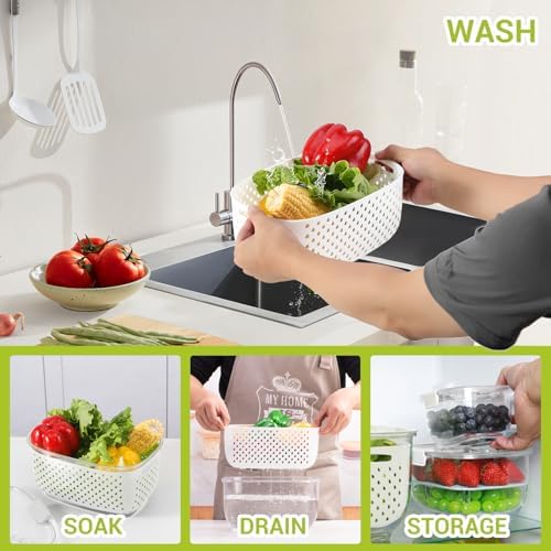 Fresh Produce Vegetable Fruit Storage Containers 3Piece Set, BPA-free, Partitioned Salad Container, Fridge Organizers, Used in Storing Fruits Vegetables, White