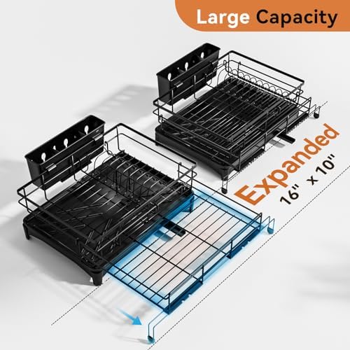 Dish Drying Rack - Expandable Rack, Large Capacity Dish Drainer for Kitchen Counter, Rust-Proof with Utensil Holder, Black