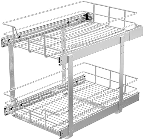 2 Tier Pull Out Cabinet Organizer 15" W X 22" D, Chromed, Full Slide Out