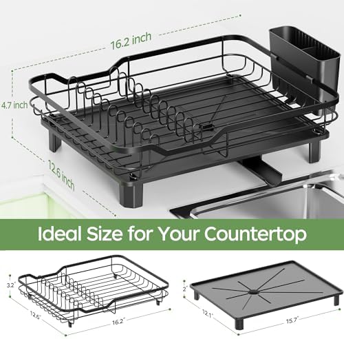 Dish Drying Rack, Stainless Steel Rustproof Dish Rack for Kitchen Counter, Sturdy Dish Drainer with Drainboard, Drainage, Utensil Holder for Various Kitchenware, 16.2"(L) x 12.6"(W), Black
