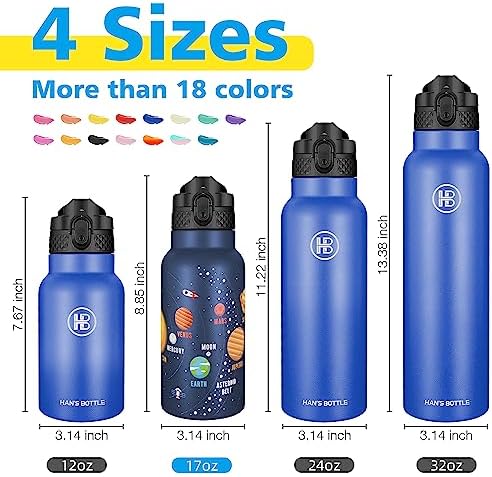 Kids Water Bottle with Straw Lid - Insulated Stainless Steel Reusable Tumbler for Girls,Boys,Thermo Mug,17oz,Space Planet