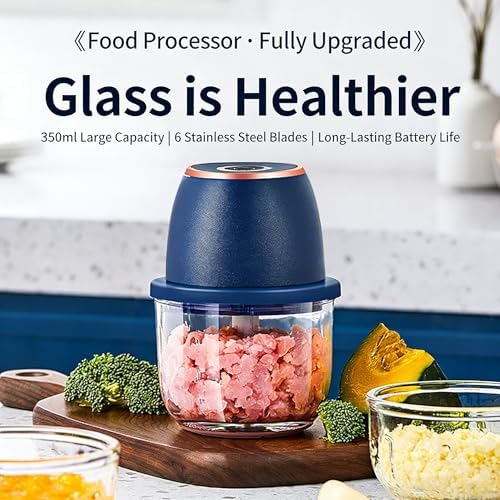 2026 Upgrade Electric Garlic Chopper, Mini Electric Food Chopper, 350ml with 6 Stainless Steel Blades & Thickened Glass, Cordless Food Processor for Chili, Ginger, Nuts, Meat and Fruits (Blue) - Image 2