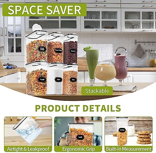 4PCS Cereal Containers Storage [4L/135.2 oz], Airtight Food Storage Containers with Pour Spout for Kitchen & Pantry Organization Storage, Plastic Cereal Dispensers, Measuring Cup & 20 Labels