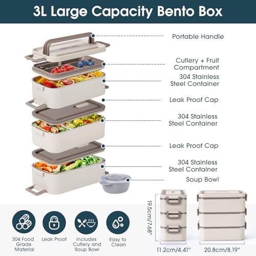Bento Box Adult Lunch Box, Stackable 3 Layer 304 Stainless Steel Lunch box for Adults Kids Office, 3L Large Capacity Portable Lunch Box Containers with Soup Bowl Spoon and Fork