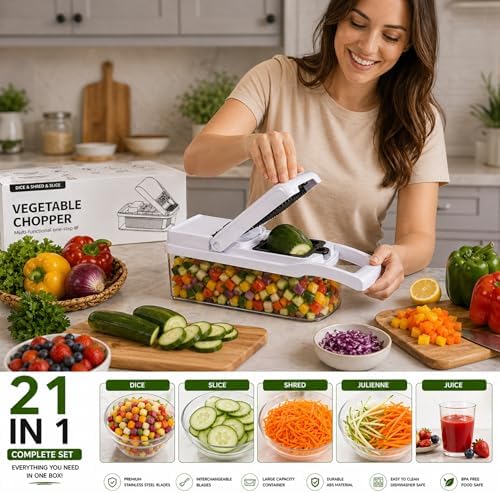 26 in 1 Vegetable Chopper with Container, Mandoline Slicer, Onion Chopper Dicer, Food Chopper Set with Cutting Board, Knife Set, Scissors and Drain Basket - Image 5