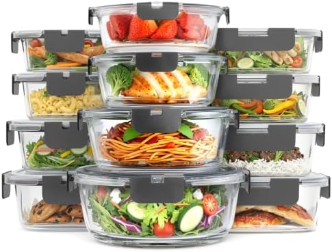 24 Pc Borosilicate Glass Meal Prep Containers with Lid,12 Pack, Grey