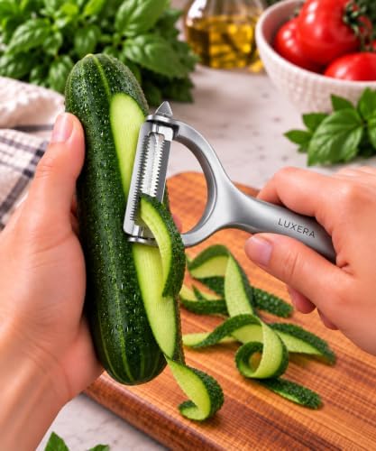LUXERA Vegetable Peeler Set, 2 Pack Stainless Steel Peelers, Fine Serrated Peeler & 2-in-1 Reversible Julienne Peeler for Potato, Carrot, Apple & More.