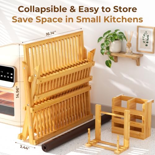 Bamboo Dish Drying Rack with Utensil Holder 3 Tier Dish Drainer