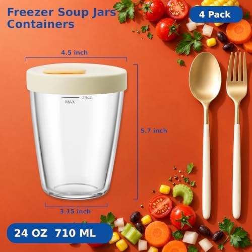 24 oz Glass Soup Freezer Containers with Vented Silicone Lids,4 Pack