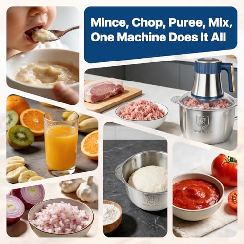 20 Cups Large Capacity Food Processor,5 Speed Electric Meat Grinder Vegetable Chopper,500W Powerful Motor 6 Bi-Level Blade Meat mincer for Vegetable, Nuts, Onion, Garlic with 304 Stainless Steel Bowl - Image 6