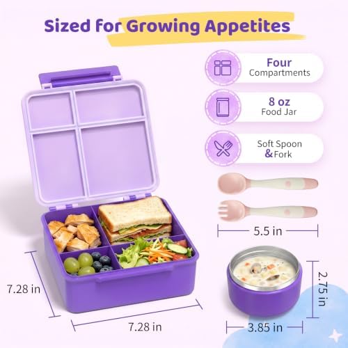 Bento Lunch Box with 8oz Soup Thermo, Kids Leakproof Lunch Food Containers with 4 Compartment, Kids Thermo Insulated Hot Food Jar for School, Trvael (Purple)