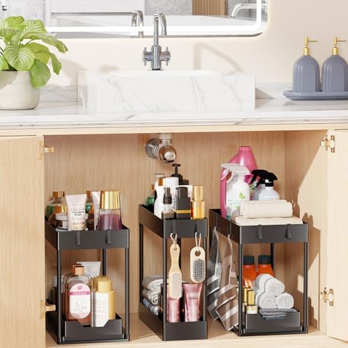 Under Sink Organizer 3 Pack, with Sliding Drawer, Black