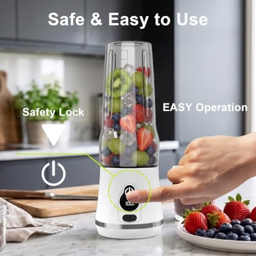 Portable Blender for Smoothies & Shakes, 17oz Personal Blender with 6 Stainless Steel Blades, USB-C Rechargeable, LED Display, Compact Travel Juicer with Extra Lid for Gym, Office & On-the-Go, White - Image 4