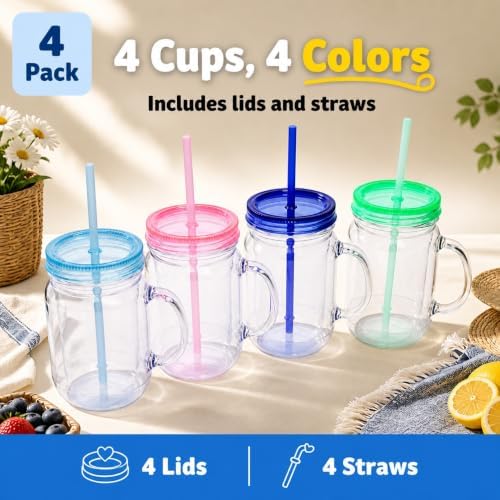 Plastic Mason Jars with Handles, Lids and Straws | 20 oz Double Insulated Tumbler with Straw | 4 Pack Set of 4 | Wide Mouth Mason Jar Mugs | Cups for Kids and Adults…