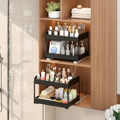 Expandable Pull Out Drawers For Shallow Cabinets, 2-Tier Slide Out No Drill Adhesive Kitchen Cabinet Organzier, Adjustable Roll Out Sliding Shelf For Short Upper Cabinet Pantry