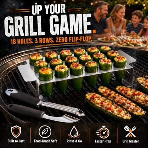 18-Hole Jalapeno Pepper Grill Rack with Corer Set – Stainless Steel Roasting Tray for Oven & BBQ, Includes 2-Piece Pepper & Zucchini Corer Tool, Dishwasher Safe