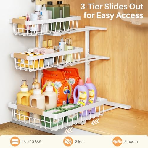 Under Sink Organizer, 2-Pack 3-Tier Height Adjustable Thickened Metal Pull out Cabinet Organizer Shelf, Slide out Storage Drawer Rack for Bathroom Kitchen Pantry Home Organization, White