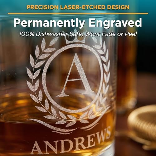 Personalized Whiskey Glasses Set of 2 – Engraved Monogram Bourbon Scotch Groomsmen Dad Gift for Men – Custom Initial Name Old Fashioned Birthday Rocks Glasses (2)