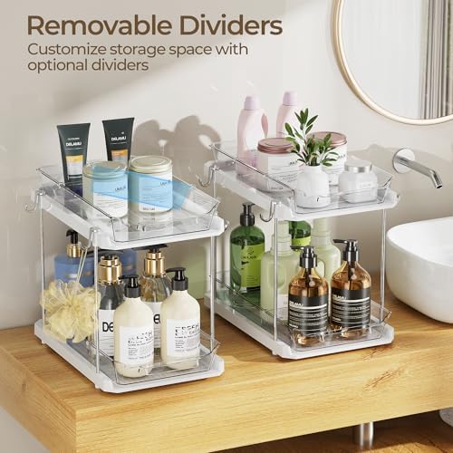 2 Tier Under Sink Organizer Bathroom, Bathroom Cabinet Organizer with Snap-Lock Design and Hooks, Pull Out Storage with Movable Dividers, for Countertop, Kitchen and Pantry (White, 4 Pack)