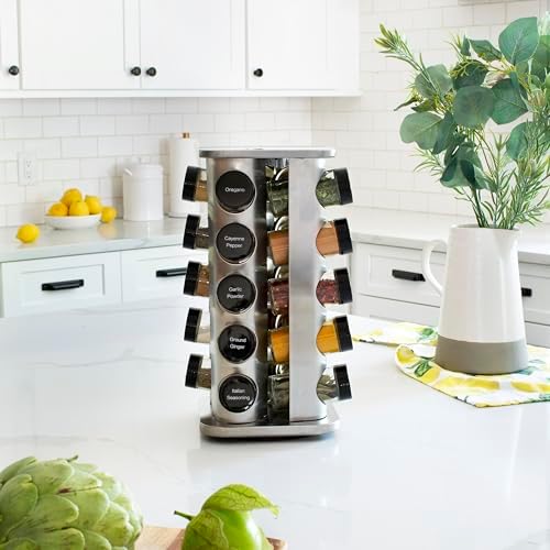 20 Jar Rotating Spice Rack with Spices Included & 5-Year Free Spice Refill Program – Stainless Steel Countertop Spice Rack with 3 oz Glass Jars