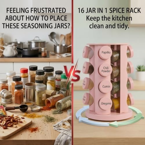 Pink Rotating Spice Rack with 16 - Empty Jars and Labels