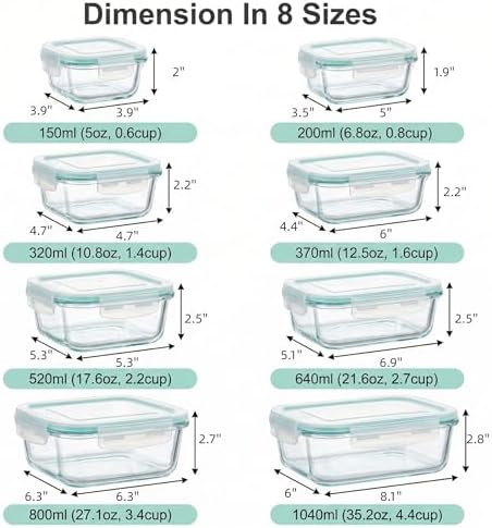 8 Pack Food Storage Containers with Lids,Glass Meal Prep Containers,Oven Safe