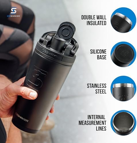 Insulated Stainless Steel Shaker Bottle | 26oz, Black | Cold for 30+ Hours | Insulated Cup with Twist-on Agitator | Odor-Free Bottle for Protein Shakes, Water, Smoothies, Cocktails