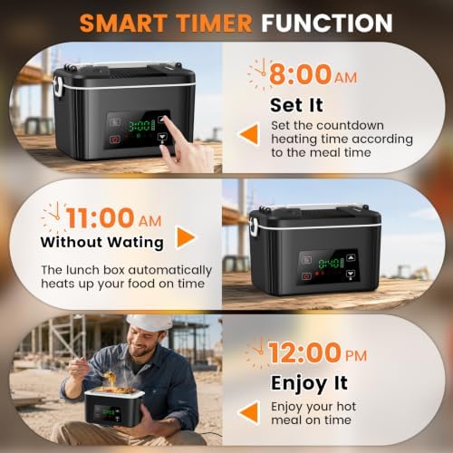 XL 6.3Cups Cordless Electric Heated Lunch Box, Rechargeable Battery 100W Smart Self Heating Portable Food Warmer for Adults Men Women Truckers Offices Worker Traveler Outdoor Nurses Doctors Black